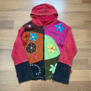 Women's Vintage Y2k KPC Nepal Patchwork Multicolor Zip Up Hoodie Sweatshirt Sz M